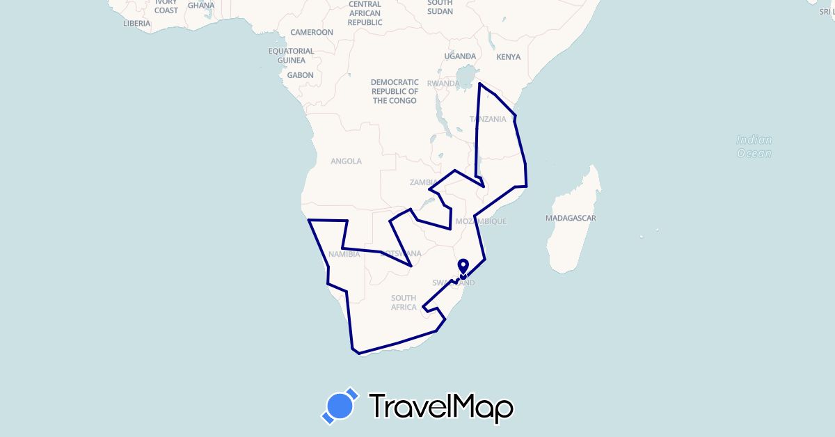 TravelMap itinerary: driving in Botswana, Lesotho, Malawi, Mozambique, Namibia, Swaziland, Tanzania, South Africa, Zambia, Zimbabwe (Africa)