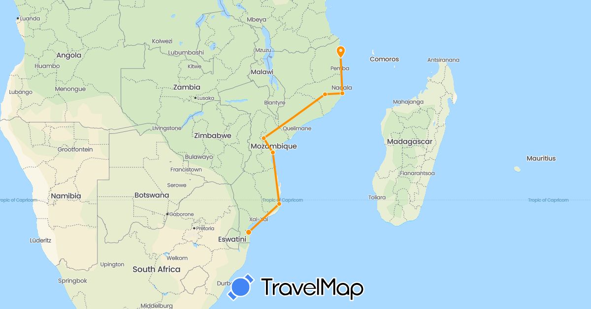 TravelMap itinerary: driving, hitchhiking in Mozambique (Africa)