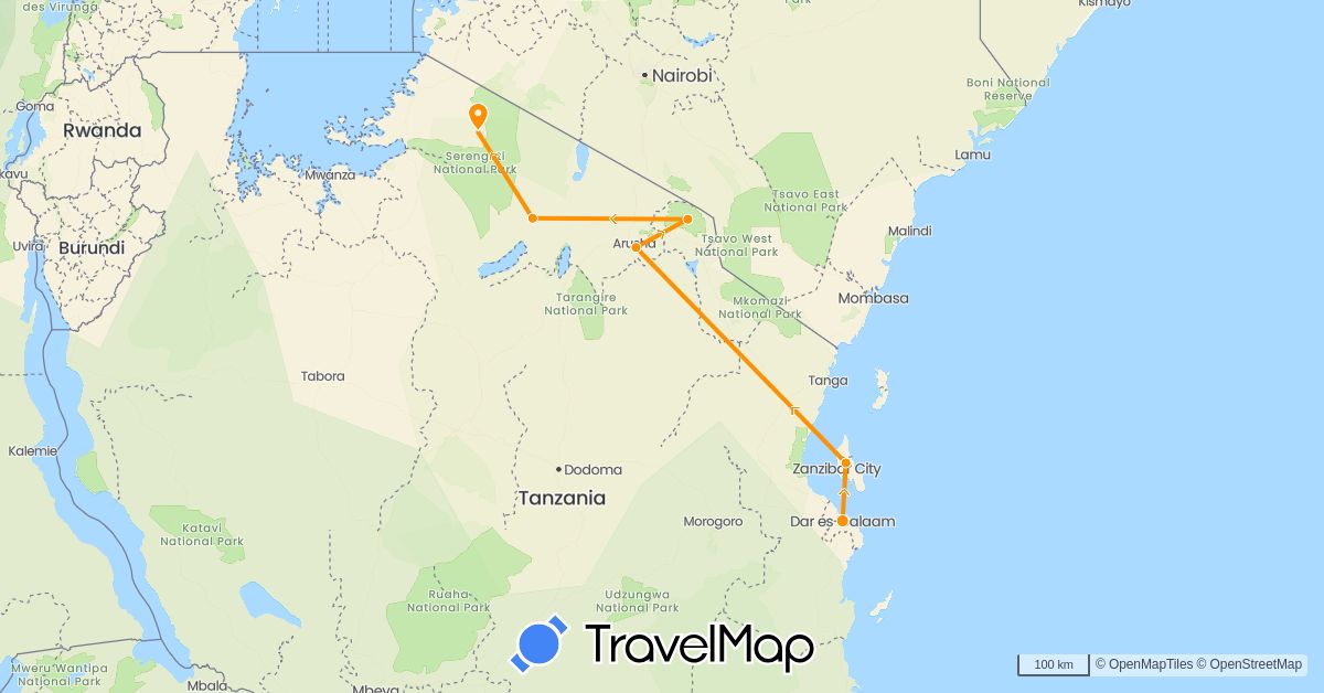 TravelMap itinerary: driving, hitchhiking in Tanzania (Africa)
